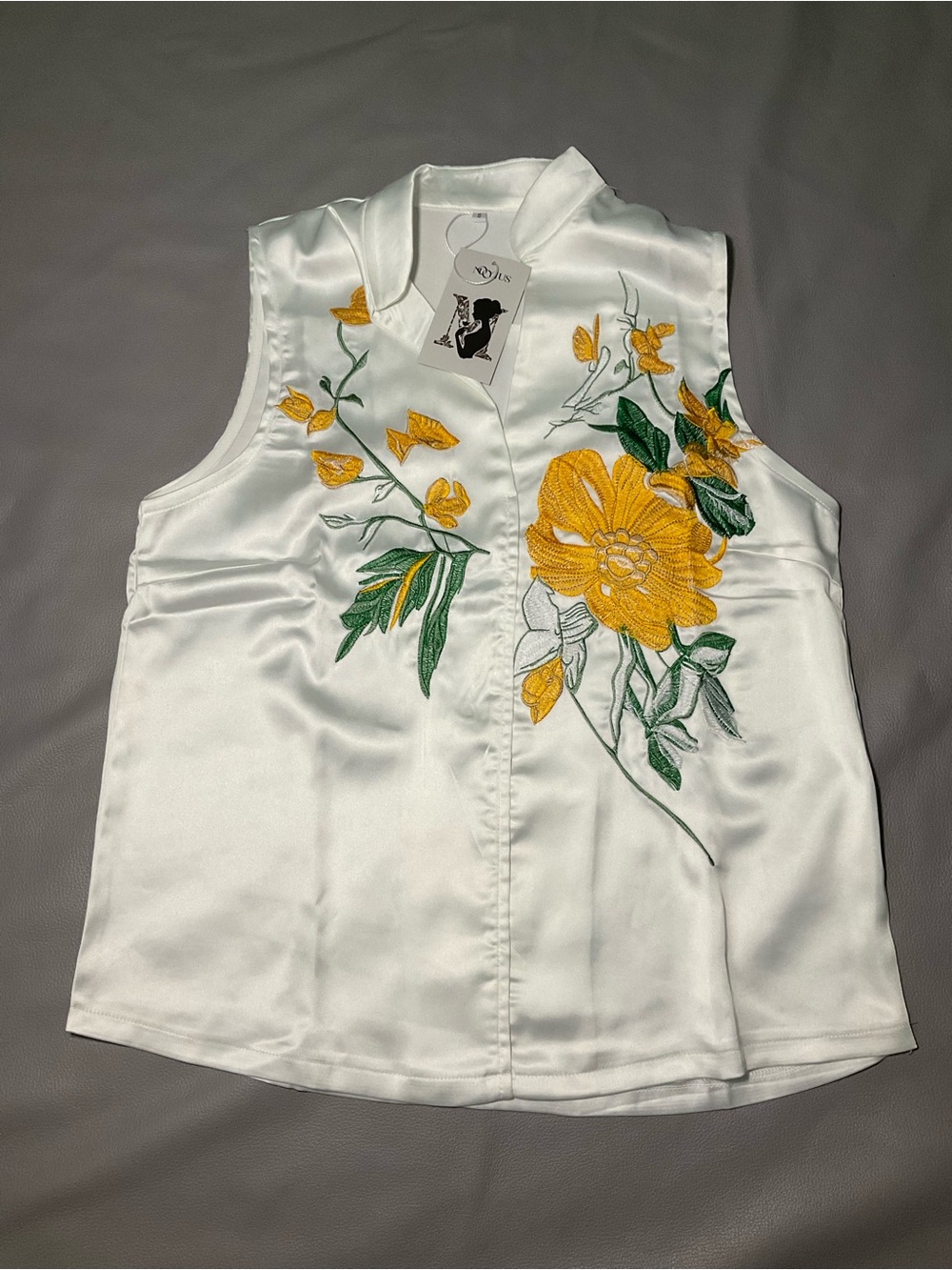 White Satin Sleeveless Blouse with Yellow Floral Embroidery